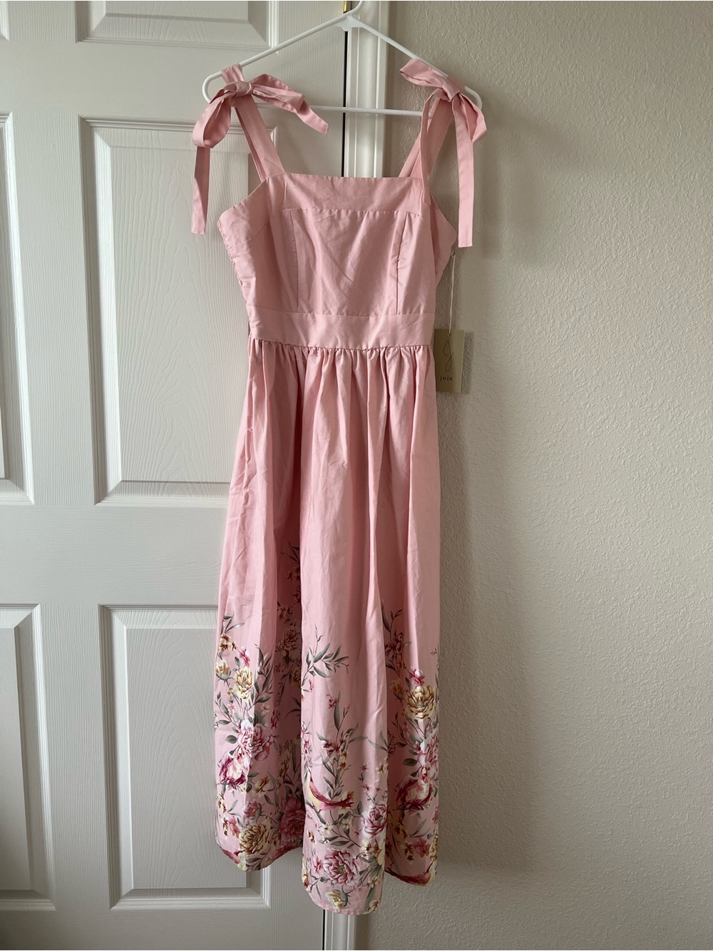 Joie If Only Studio Pink Floral Bird Cotton Midi Dress Tie Straps Medium NWT
